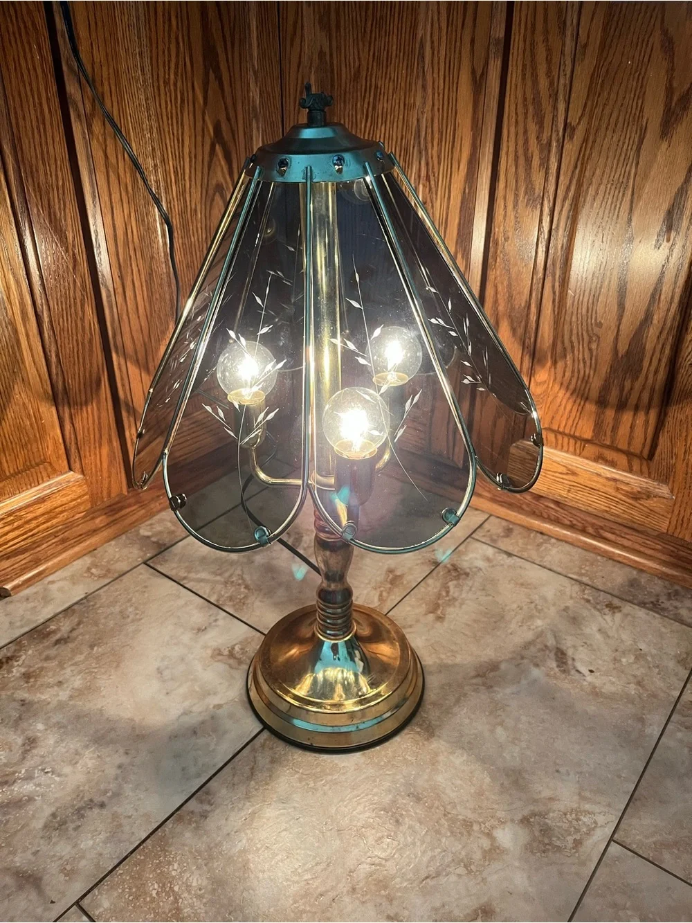 Vintage Brass and Black Glass Touch Lamp